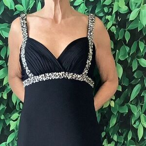👗 Betsy & Adam Black Gown – Rhinestone Crisscross Waterfall Back– Size 8P